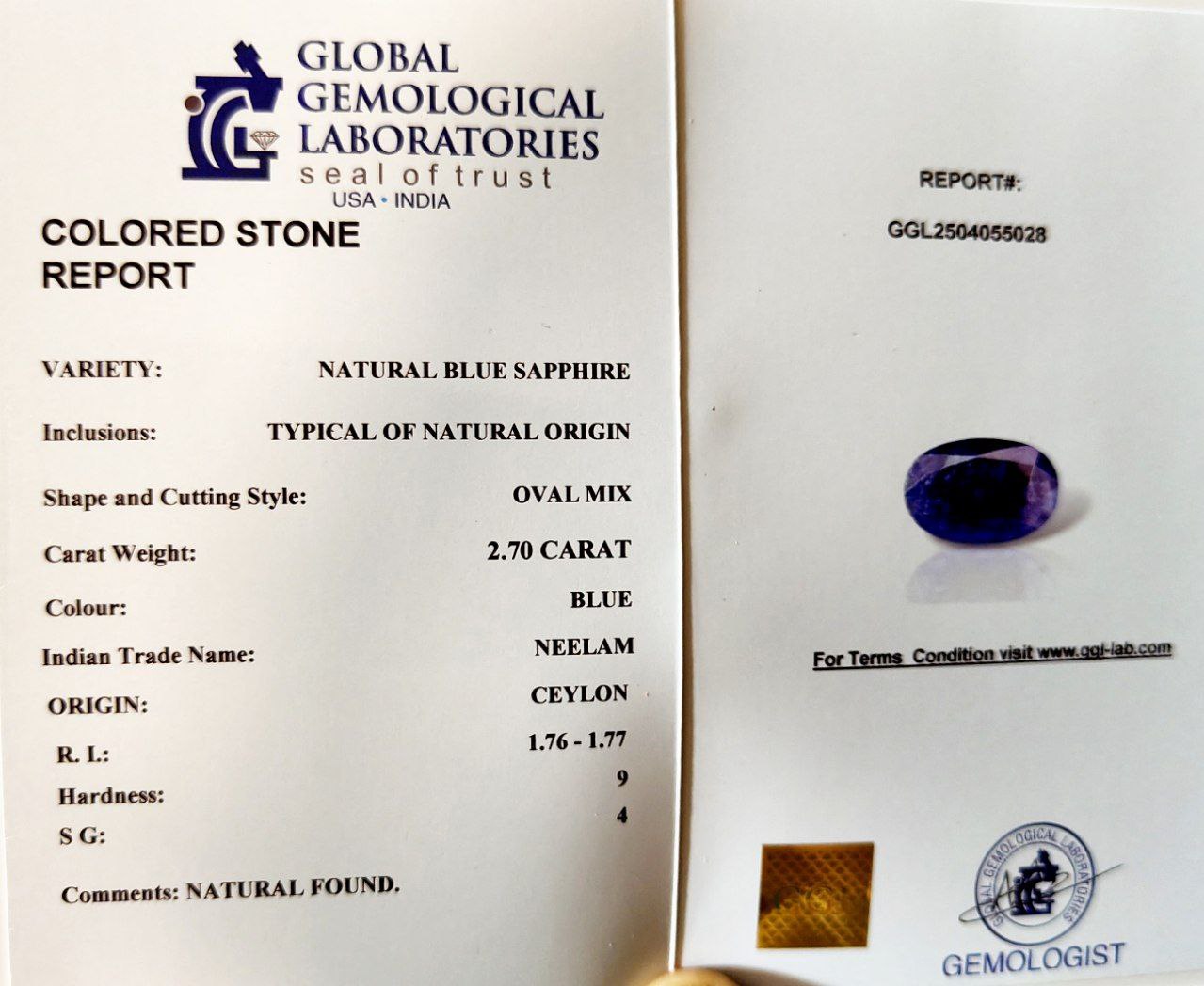 Blue Sapphire (Neelam) 2.70 Carats